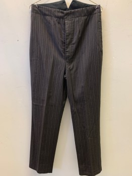 Mens, Pants 1890s-1910s, NL, Chocolate Brown, Lt Brown, Wool, Stripes - Vertical , 28, 30, Button Front, 2 Pockets, Suspender Buttons
