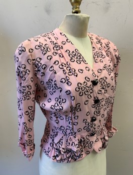 Womens, 1980s Vintage, Top, N/L, Lt Pink, Black, Silk, Circles, Novelty Pattern, B:36, Jacket, Georgette, 3/4 Sleeves with Cuffs, Heavily Padded Shoulders, V-Neck, 4 Black Buttons, Peplum Waist with Scallopped Ruffle Details, Smocking at Shoulders, No Lining