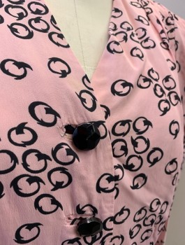 N/L, Lt Pink, Black, Silk, Circles, Novelty Pattern, Jacket, Georgette, 3/4 Sleeves with Cuffs, Heavily Padded Shoulders, V-Neck, 4 Black Buttons, Peplum Waist with Scallopped Ruffle Details, Smocking at Shoulders, No Lining