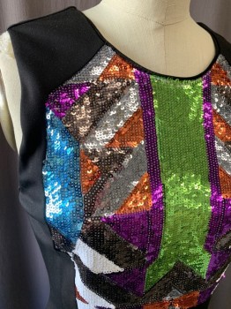 BEBE, Black, White, Green, Purple, Pewter Gray, Polyester, Spandex, Color Blocking, Geometric, Black Knit with Multicolor Sequin Panels in Geometric Pattern, Scoop Neck, Back Zip, Knee Length