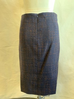 A. PRIME, Navy Blue, Brown, Wool, Grid , Pencil Skirt, Zip Back, 2 Back Slits