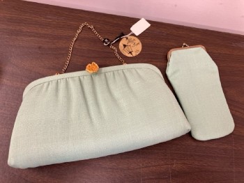 Womens, Purse, AFTER FIVE, Pastel Green Fabric Clutch, Gold Metal Flower Clasp, Gold Chain Strap, with Matching Elongated Coin Purse (2 PC)