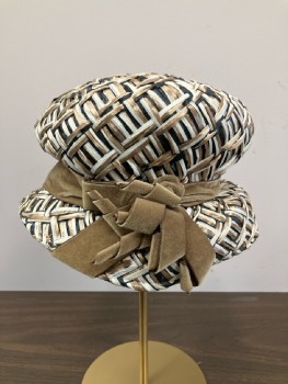 Womens, Hat, N/L, Black/ Beige/ Pearl White, Basket Weave, Beige Band With Bow