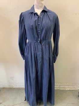 Womens, Historical Fiction Dress, NL, Navy Blue, Lt Blue, Cotton, Floral, W.30, B.38, L/S, C.A., Button Front,  4 Buttons From Neck to Waist Line, 5 Hooks From Waist Line Down,
