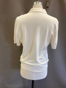 Mens, Pullover Sweater, ZARA, Cream, Cotton, Solid, M, Polo, C.A., 2 Btns, S/S, Fine Knit Ribbed Collar/cuff/waistband