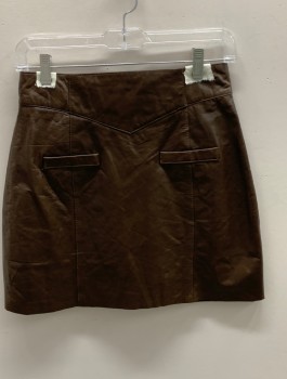 TOFFS, Chocolate Brown, Leather, Solid, V Waistband, 2 Fake Front Pockets, Back Zipper, Mini