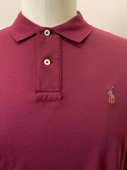 RALPH LAUREN, Red Burgundy, Cotton, Solid, L/S, Collar Attached, 2 Buttons, Embroiderred Logo On Chest