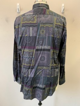 ETRO, Dk Gray, Black, Purple, Lt Olive Grn, Lt Gray, Cotton, Paisley/Swirls, Geometric, Collar Attached, Button Front, Long Sleeves, Paisley Squares