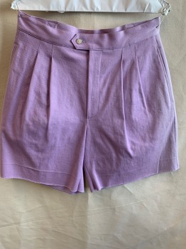 Womens, Shorts, MTO, Lavender Purple, Cotton, Spandex, Solid, H41, W30, Reproduction 80s, Zip Front, Double Pleats, 3 Pockets, Adjustable Button Tab Side Waist