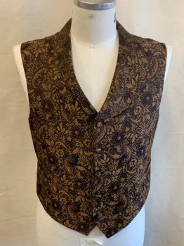 Mens, Vest 1890s-1910s, NL, Tan Brown, Dk Brown, Black, Wool, Polyester, Print, Solid, 42, Shawl Lapel, Button Front, 2 Pocket, Solid Back with Self Tie Belt