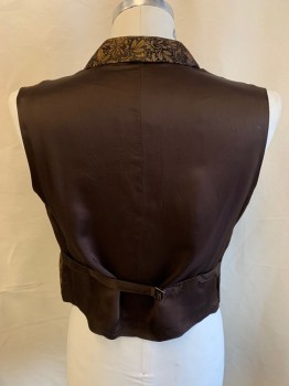 Mens, Vest 1890s-1910s, NL, Tan Brown, Dk Brown, Black, Wool, Polyester, Print, Solid, 42, Shawl Lapel, Button Front, 2 Pocket, Solid Back with Self Tie Belt
