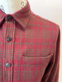 Mens, Casual Shirt, TODD SNYDER, Maroon Red, Olive Green, Wool, Acrylic, Plaid, S, L/S, B.F., Chest Pocket, Suede Elbows, Black Buttons
