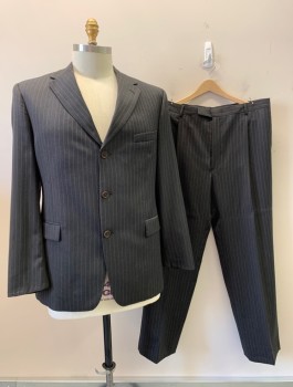 Mens, Suit, Jacket, Kenneth Cole , Chocolate Brown, Black, Gray, Wool, Stripes - Pin, 46 R, Notched Lapel, 3 Buttons,  3 Pockets,