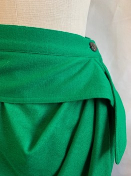 Womens, Skirt, UNGARO, Green, Wool, Solid, W25, Wrap Style, Pleated Left Front, Bttn. Closure,