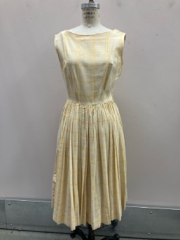 MTO, Cream/yellow Plaid with A Group Stripe Of Pattern Satin And Gold Lurex, Boat Neck, Slvls, Fitted Bodice, Dirndl Skirt, Side Zip