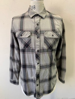 Mens, Casual Shirt, TAVIK, Gray, Black, Dk Red, Cotton, Plaid, M, Flannel, Long Sleeves, Button Front, Collar Attached, 2 Patch Pockets with Button Flap Closures