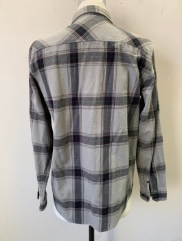 Mens, Casual Shirt, TAVIK, Gray, Black, Dk Red, Cotton, Plaid, M, Flannel, Long Sleeves, Button Front, Collar Attached, 2 Patch Pockets with Button Flap Closures