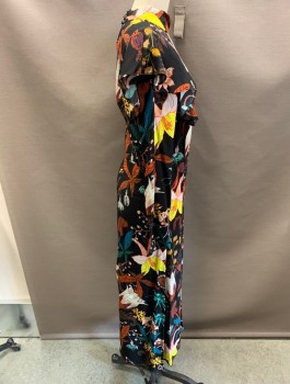 Womens, Dress, Long & 3/4 Sleeve, H & M, Black, Teal Blue, Brown, Orange, Yellow, Polyester, Floral, Leaves/Vines , XS, LS, Mock Neck, Ruffle,BK Button Closure.