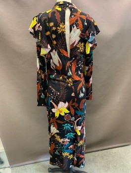 Womens, Dress, Long & 3/4 Sleeve, H & M, Black, Teal Blue, Brown, Orange, Yellow, Polyester, Floral, Leaves/Vines , XS, LS, Mock Neck, Ruffle,BK Button Closure.