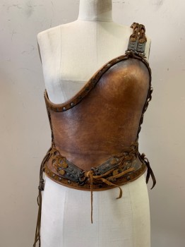 Womens, Historical Fict Breastplate , NO LABEL, Brown, Leather, Metallic/Metal, Solid, S, Heavy, Molded, Asymmetrical, Warrior, Greek, Roman, Lacing/Ties And Sides