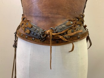 Womens, Historical Fict Breastplate , NO LABEL, Brown, Leather, Metallic/Metal, Solid, S, Heavy, Molded, Asymmetrical, Warrior, Greek, Roman, Lacing/Ties And Sides