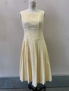 Womens, Dress, Sleeveless, BROOKS BROTHERS, Yellow, White, Cotton, Floral, 4, Bateau/Boat Neck, Slvls, White Bows on Shoulders, White Trim, White Eyelet Floral All Around, Pleated Skirt, Zip Back