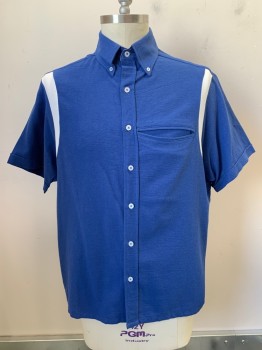 Mens, Shirt, NO LABEL, Blue, White, Linen, N17, Collar Attached, Button Down Collar, B.F., S/S, 1 Chest Welt Pocket, White Stripe Along Each Arm Hole 