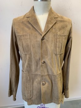 Mens, Leather Jacket, CARROLL & CO, Lt Brown, Suede, Solid, 42, Single Breasted, 3 Buttons,  Notched Lapel, 4 Patch Pocket,