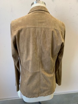 Mens, Leather Jacket, CARROLL & CO, Lt Brown, Suede, Solid, 42, Single Breasted, 3 Buttons,  Notched Lapel, 4 Patch Pocket,
