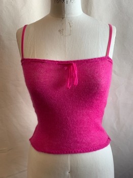 VANESSA BRUNO, Pink, Mohair, Nylon, Solid, Knit Sleeveless Top, Velvet Pink Ribbon Straps, Drawstring Detail Bust, Multiple