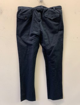 JOHN VARVATOS, Midnight Blue, Linen, Cotton, Solid, Twill, Slim Leg, Unusual Pockets At Front Hips, Adjustable Buckles At Sides, Button Fly, Button Tab