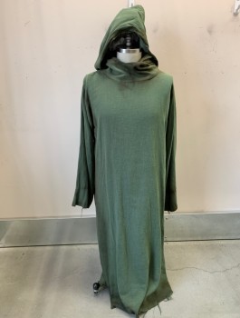 Unisex, Sci-Fi/Fantasy Robe, N/L , Olive Green, Cotton, Solid, 42, Aged/Dirty, L/S, Floor Length, Hooded, Raw Frayed Hem
