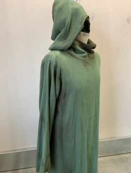 Unisex, Sci-Fi/Fantasy Robe, N/L , Olive Green, Cotton, Solid, 42, Aged/Dirty, L/S, Floor Length, Hooded, Raw Frayed Hem
