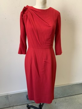 Womens, Dress, Long & 3/4 Sleeve, CAROLINA HERRERA, Cherry Red, Wool, Solid, Sz.6, Crepe, 3/4 Sleeves, Sheath Dress, Round Neck, Pleated 3 Dimensional Detail at Right Shoulder, Knee Length, Invisible Zipper in Back