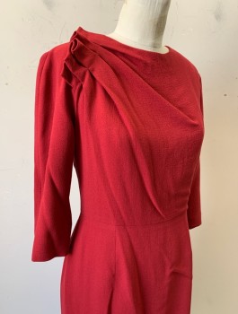 Womens, Dress, Long & 3/4 Sleeve, CAROLINA HERRERA, Cherry Red, Wool, Solid, Sz.6, Crepe, 3/4 Sleeves, Sheath Dress, Round Neck, Pleated 3 Dimensional Detail at Right Shoulder, Knee Length, Invisible Zipper in Back