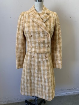 Womens, 1960s Vintage, Suit, Dress, SUZANNE PONTIEU, Tan Brown, Beige, Cream, Cotton, Stripes - Vertical , Grid , W:26, B:32, Straw Colored Fabric with "X" Shaped Embroidery, Sleeveless, Round Neck, Unusual Double Breasted Panel at Waist with Self Covered Buttons, Knee Length,
