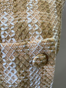 Womens, 1960s Vintage, Suit, Dress, SUZANNE PONTIEU, Tan Brown, Beige, Cream, Cotton, Stripes - Vertical , Grid , W:26, B:32, Straw Colored Fabric with "X" Shaped Embroidery, Sleeveless, Round Neck, Unusual Double Breasted Panel at Waist with Self Covered Buttons, Knee Length,