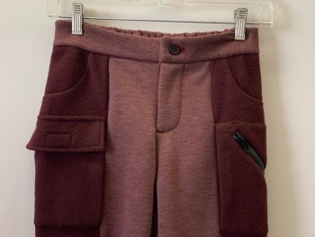 NO LABEL, Brick Red, Cotton, Polyester, Heathered, Color Blocking, F.F, Side Pockets, Elastic Waist Band