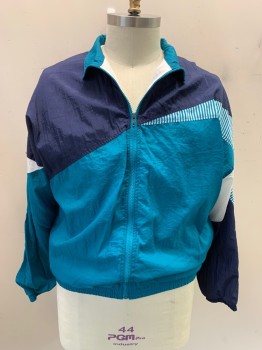 Mens, Windbreaker, AVAIT SPORTIF, Navy Blue, Teal Blue, White, Nylon, Color Blocking, Stripes, L, Zip Front, 2 Pockets, Asymmetrical Pattern, Elastic Waistband And Cuffs