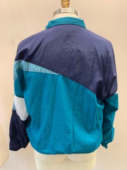 Mens, Windbreaker, AVAIT SPORTIF, Navy Blue, Teal Blue, White, Nylon, Color Blocking, Stripes, L, Zip Front, 2 Pockets, Asymmetrical Pattern, Elastic Waistband And Cuffs