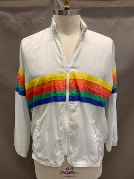 Mens, Windbreaker, NL, White, Multi-color, Nylon, Color Blocking, Stripes, XL, Zip Front, 2 Pockets, Zip In Hood, Rainbow Stripes, Faded Logo On Chest