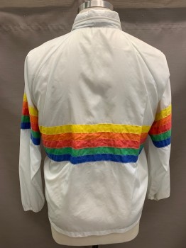 Mens, Windbreaker, NL, White, Multi-color, Nylon, Color Blocking, Stripes, XL, Zip Front, 2 Pockets, Zip In Hood, Rainbow Stripes, Faded Logo On Chest