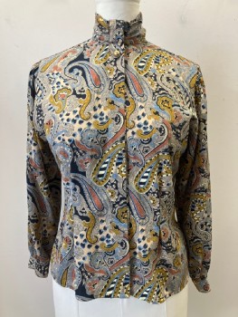 NOTAIONS, Taupe, Lt Blue, Black, Gold, Orange, Polyester, Paisley/Swirls, Ruched Neck, B.F. With Covered Placket, L/S,