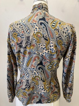 NOTAIONS, Taupe, Lt Blue, Black, Gold, Orange, Polyester, Paisley/Swirls, Ruched Neck, B.F. With Covered Placket, L/S,