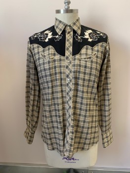Mens, Western Shirt, KARMAN, Beige, Black, Poly/Cotton, Plaid, Floral, 36, 16.5, C.A., Snap Front, L/S, 2 Pckts, Floral Embroidery At Shoulders And Yoke, "Kenny Rogers Western Collection "