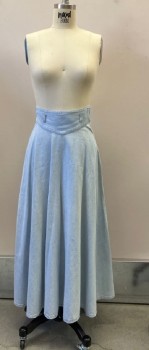 B.W.B., Lt Blue, Cotton, Solid, Faded Denim, Wide Waistband, with Small Belt Loops, Back Zip, Full Length 1/4 Circle Skirt