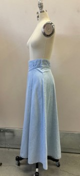 B.W.B., Lt Blue, Cotton, Solid, Faded Denim, Wide Waistband, with Small Belt Loops, Back Zip, Full Length 1/4 Circle Skirt
