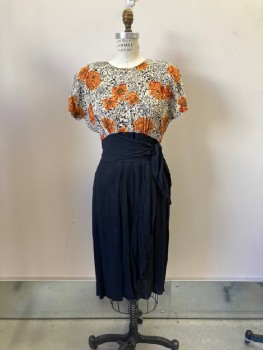 PHOEBE, Cream, Black, Rust Orange, Rayon, Floral, Color Blocking, Gauze, Pull On, Round Neck, Draped Cap Sleeves, Shoulder Pads, Buttons & Zip CB, Insert Waistband, with Attached Side Tie, Back Slit
