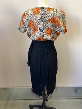 PHOEBE, Cream, Black, Rust Orange, Rayon, Floral, Color Blocking, Gauze, Pull On, Round Neck, Draped Cap Sleeves, Shoulder Pads, Buttons & Zip CB, Insert Waistband, with Attached Side Tie, Back Slit