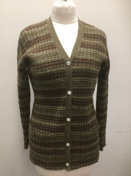 Womens, Sweater, DKNY JEANS, Olive Green, Moss Green, Cream, Dk Khaki Brn, Wool, Stripes - Horizontal , Small, Button Front = 5 White Buttons, Long Sleeves, Solid Knit Trim Heathered, Vertical Wide Channel Knit Body and Sleeves, 2 Front Patch Pockets,